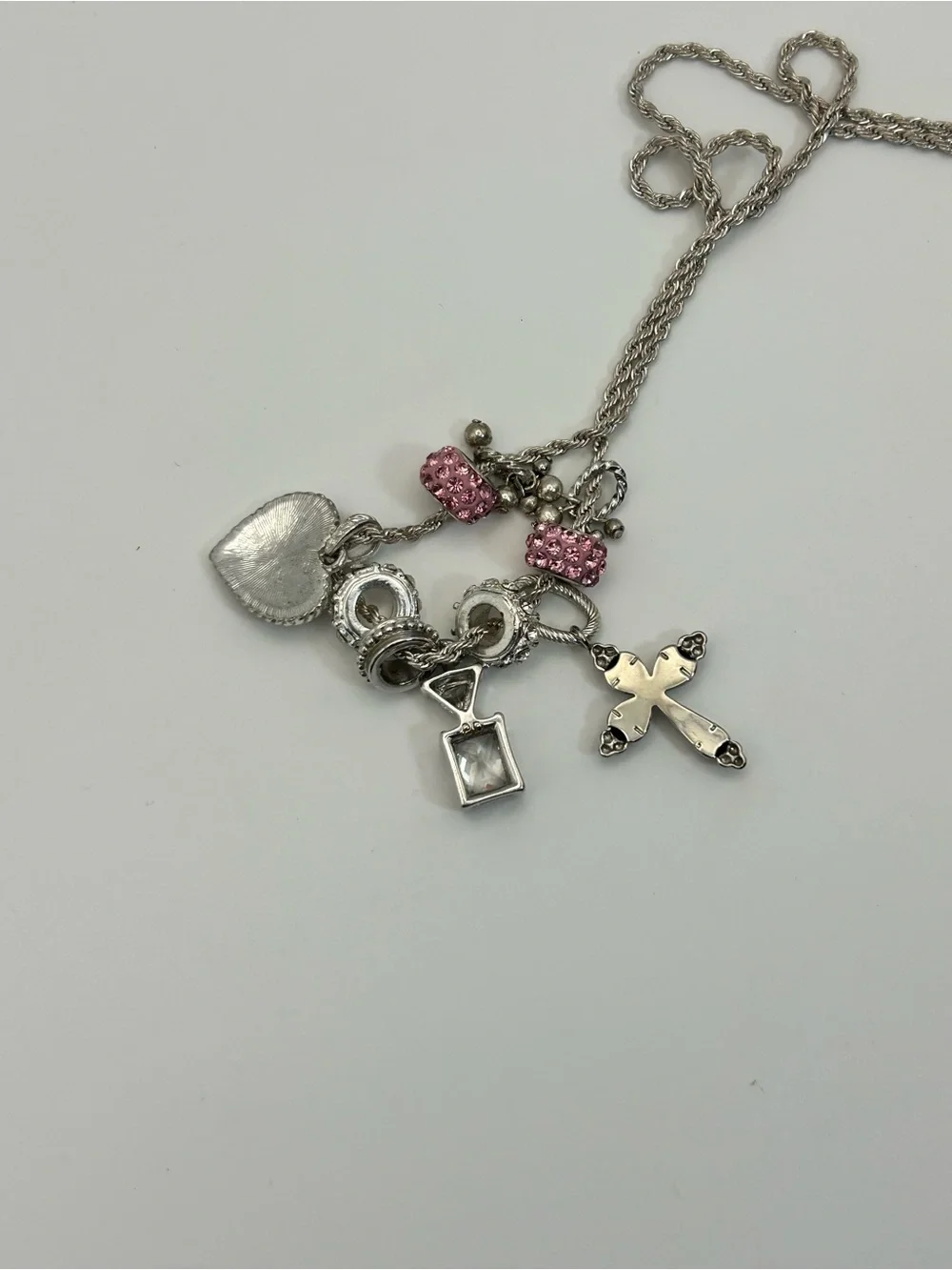 Sparkling Pink Crystals Charm Necklace Silver-tone Cross 30